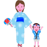 お祭り見物 親子でお祭り見物に出かけているイラスト