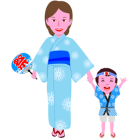 親子でお祭り見物に出かけているイラスト
