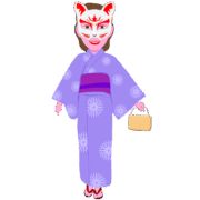 お祭りに現れた白狐仮面の女性のイラスト