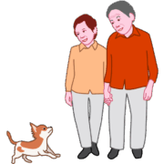 老夫婦 可愛い小犬と老夫婦のイラスト