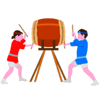 お祭り太鼓を敲いている男女のイラスト