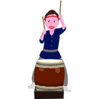 据え置きの祭り太鼓を敲いている若い女性のイラスト