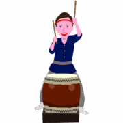 据え置き祭り太鼓 据え置きの祭り太鼓を敲いている若い女性のイラスト
