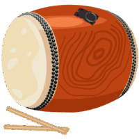 お祭りに使う長胴太鼓とバチのイラスト