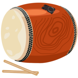 長胴太鼓 お祭りに使う長胴太鼓とバチのイラスト