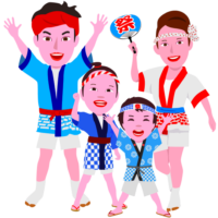 家族そろってお祭りを楽しんでいるイラスト