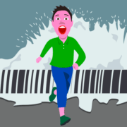 高波 防波堤を飲み込む勢いの高波から逃げる男のイラスト