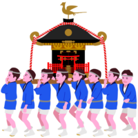 お祭りで御神輿をかついでいる男たちのイラスト