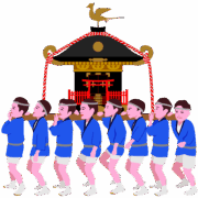 御神輿をかつぐ お祭りで御神輿をかついでいる男たちのイラスト