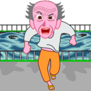 増水している用水路 大雨のため増水している用水路にびっくりして逃げ帰っているお爺さんのイラスト