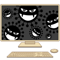 コンピューターウィルス コンピューターウィルスの侵入で情報を盗みとられたパソコンのイラスト