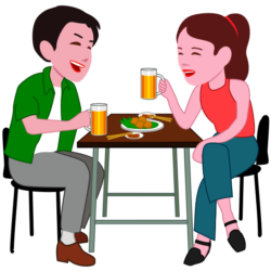 居酒屋デート 若いカップルが居酒屋デートで盛り上がっているイラスト