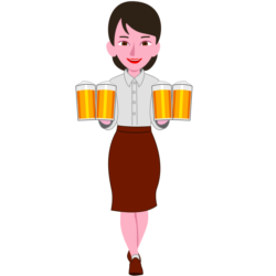 女性店員 大ジョッキ4杯を運ぶ元気な女性店員のイラスト