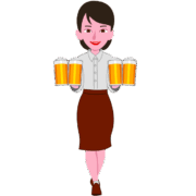 女性店員 大ジョッキ4杯を運ぶ元気な女性店員のイラスト