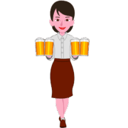 大ジョッキ4杯を運ぶ元気な女性店員のイラスト