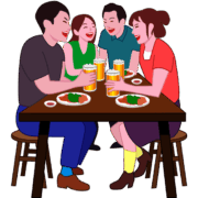 居酒屋で男女4人のグループが談笑しているイラスト