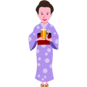 生ジョッキを運んでいる着物姿の居酒屋のママさんのイラスト