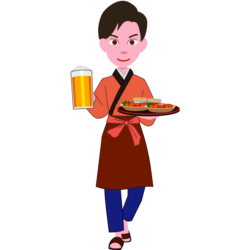 男性店員 料理とジョッキを運んでいる居酒屋の男性店員のイラスト