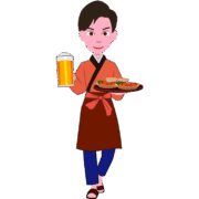 料理とジョッキを運んでいる居酒屋の男性店員のイラスト