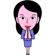 「おつかれさまです」と両手を合わせている女子社員キャラのイラスト