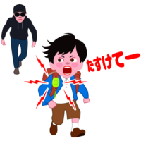 防犯ブザー 防犯ブザーを鳴らしながら小学生が不審者から逃げているイラスト