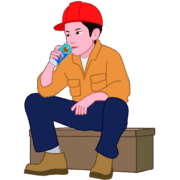 工事の休憩時間に、腰かけて缶コーヒーを飲んでいる現場作業員のイラスト