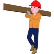 板材を肩にかついで運んでいる現場工事の作業員のイラスト