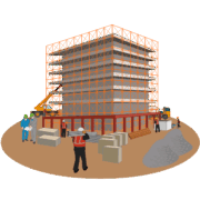 建設労働者が働くビル建築工事現場のイラスト