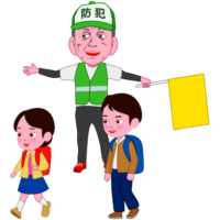 通学見守り 防犯爺さんが小学生の登校を見守っているイラスト