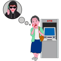 特殊詐欺被害 特殊詐欺犯の指示でATMにお金を振り込もうとしている高齢女性のイラスト