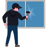 防犯フィルム 防犯フィルムを貼った窓ガラスに手こずっている侵入盗のイラスト