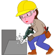ハンマードリルでハツリ作業をしている女性工事作業員のイラスト