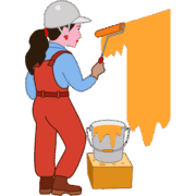 工事現場の壁に塗料を塗っている女性塗装工のイラスト