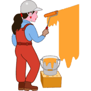 工事現場の壁に塗料を塗っている女性塗装工のイラスト