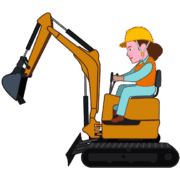 工事現場で小型のバックホーを操縦している女性作業員のイラスト
