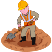 工事現場の地面を剣先スコップで掘っている男のイラスト