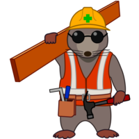 モグラ大工 工事現場で板を担いで工事個所へ向かうモグラ大工のイラスト