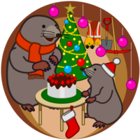 モグラのクリスマス クリスマスを楽しんでいる工事モグラ親子のイラスト