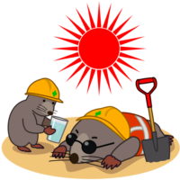 熱中症モグラ 熱中症で倒れたお父さん工事モグラを心配している子どもモグラのイラスト