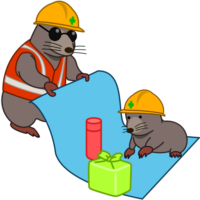 昼食 工事モグラの親子が昼食時間にお弁当を食べようとしているイラスト