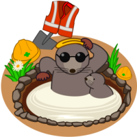 モグラ温泉 温泉が湧いた穴でお湯につかってくつろいでいる工事モグラの親子のイラスト