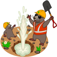 温泉を掘り当てる 穴を掘っていたら温泉が湧き出たので喜んでいる工事モグラの親子