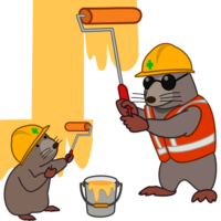 モグラ塗装 工事モグラの親子が工事現場の壁を塗装しているイラスト