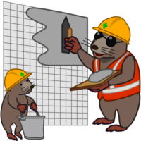 モルタル工事 外壁にモルタルを塗っている工事モグラ親子のイラスト