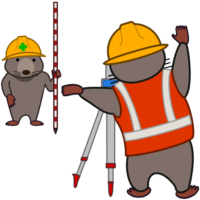 測量業務 親子で工事現場を測量している工事モグラのイラスト