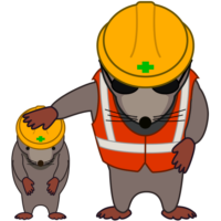 工事モグラの親子オジギビト 工事モグラの親子が頭を下げて工事への協力を呼びかけているイラスト