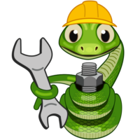 工事ヘビがスパナを持ってボルトのナットを締めようとしているイラスト