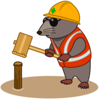杭 地面に木杭を打ち込んでいる工事モグラキャラのイラスト