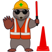 安全誘導 誘導灯を手にした工事モグラキャラが工事現場で安全誘導をしているイラスト