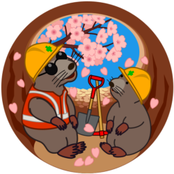 穴の中でお花見を楽しんでいる工事モグラ親子のイラスト